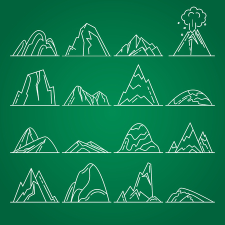 Collection of mountain icons in thin line style. Different rock and hill symbols.のイラスト素材