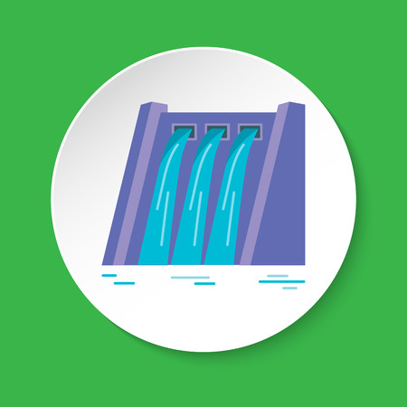 Hydroelectric station icon in flat style on round button. Water flow energy symbol isolated on white.のイラスト素材