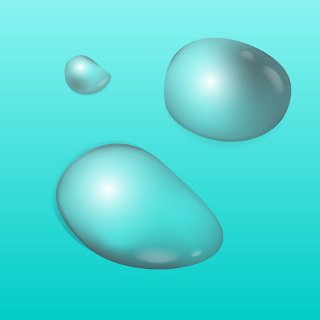 Realistic transparent water drops set. Pure liquid droplets isolated on blue background.のイラスト素材