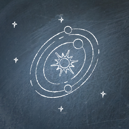 Solar system icon on chalkboard. Planets rotating around the star. Space structure symbol - chalk drawing.のイラスト素材