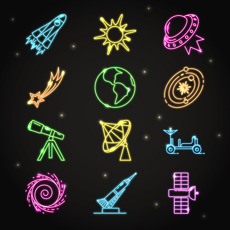 Neon space icons set in thin line styleのイラスト素材