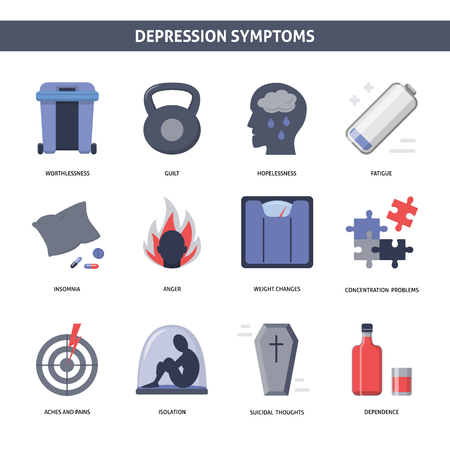 Set of depression symptoms icons in flat styleのイラスト素材