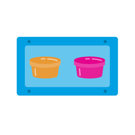 Bird feeding or drinking double bowl icon in flat style for parrot, canary or other bird in cage. Colorful pet accessory symbol on round button.のイラスト素材