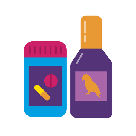 Bird vitamin or medicine icon in flat style. Bottle with pills for parrot, canary or other bird in cage. Colorful pet accessory symbol on round button.のイラスト素材