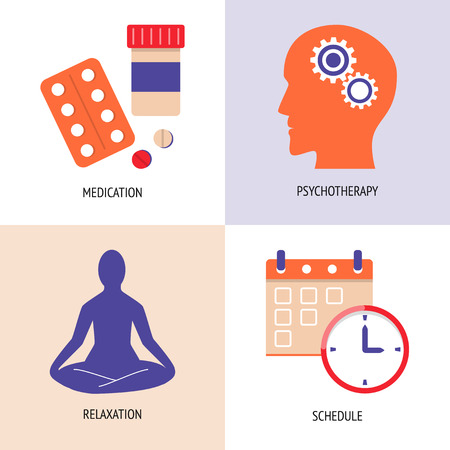 Depression treatment icons collection in flat style. Vector illustration with mental health symbols.のイラスト素材