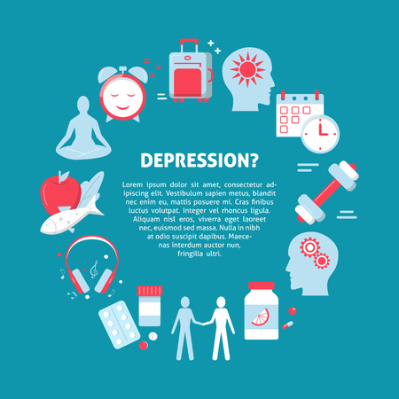 Depression treatment poster or banner template with round concept in flat style. Vector illustration with mental health symbols set.のイラスト素材