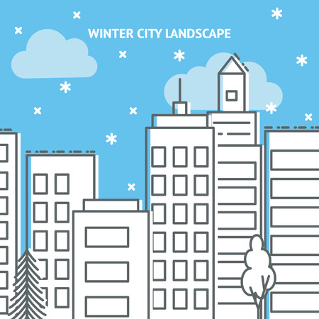 Winter city vector card template in thin line styleのイラスト素材