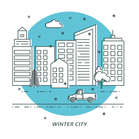 Winter city vector card template in thin line styleのイラスト素材