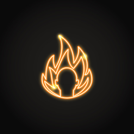 Anger concept neon icon in line style. Shining emotion symbol with man head in fire on dark background.のイラスト素材