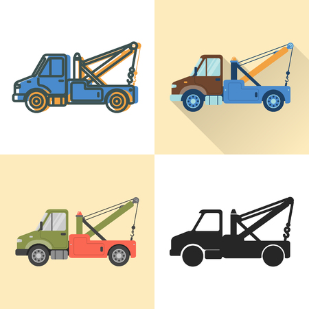 Tow truck icon set in flat and line styles. Recovery vehicle illustration. Transportation symbol isolated on white.のイラスト素材