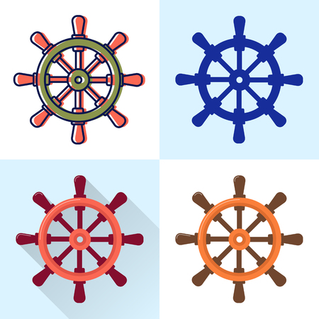 Ship steering wheel icon set in flat and line styles. Marine equipment illustration isolated.のイラスト素材