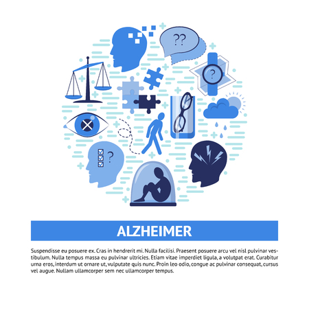 Alzheimer's symptoms round concept in flat style. Banner or poster template with seniors disease signs. Medical illustration with place for text.のイラスト素材