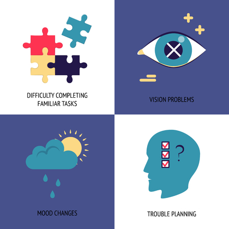 Set of Alzheimer's disease symptoms icons isolated. Seniors health concept symbols in flat style. Difficulty completing familiar tasks, mood changes, vision problems and trouble planning signs.のイラスト素材