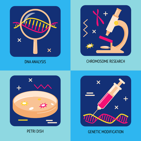 Genetic testing and research icons in flat style. DNA analysis and gene test symbols isolated. Medical illustration.のイラスト素材