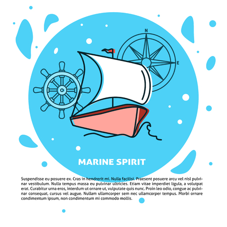 Marine spirit concept banner or poster template with place for text. Sailing ship and nautical symbols. Sea travel background in flat style.のイラスト素材