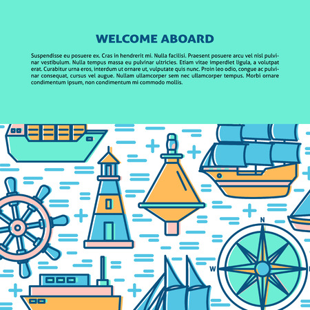 Marine banner or poster template with ships and nautical symbols in line style. Sea travel and vacation concept illustration. Water transport background with place for text.のイラスト素材