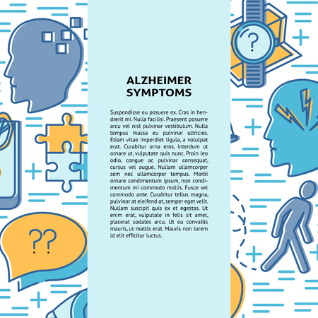 Alzheimer's disease concept banner or poster template in line style with place for text. Medical poster with seniors disease symbols background. Neurological problems illustration.のイラスト素材