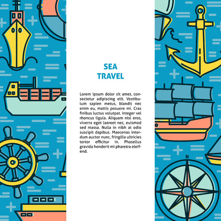 Marine banner or poster template with ships and nautical symbols in line styleのイラスト素材