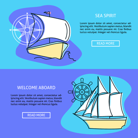 Marine travel concept banner or poster templates with place for text. Sailing ships and nautical symbols. Sea transport background in flat style.のイラスト素材