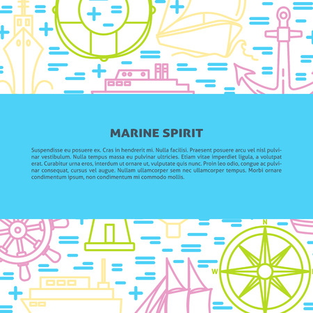 Marine banner or poster template with ships and nautical symbols in line style. Sea travel concept illustration. Water transport background with place for text.のイラスト素材