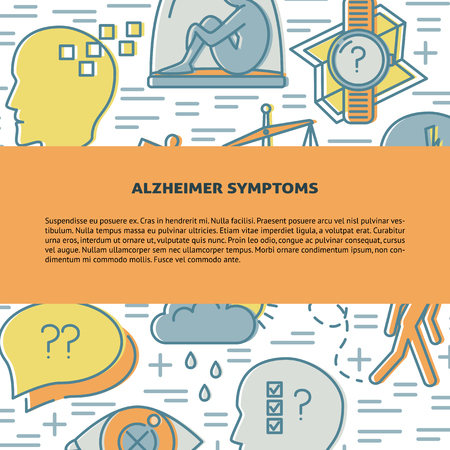 Alzheimers disease concept banner or poster template in line style with place for text. Medical poster with seniors disease symbols background. Neurological problems illustration.のイラスト素材