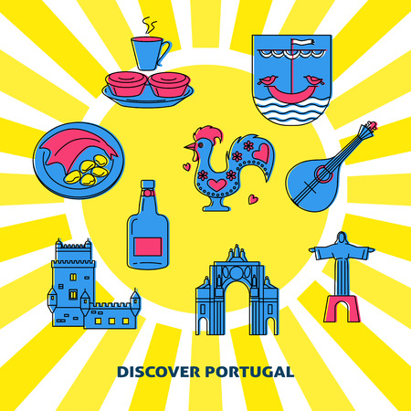 Discover Portugal concept banner with icons in colored line styleのイラスト素材