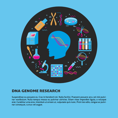 DNA research round concept in flat style. Genetic testing and genome sequencing symbols. Medical banner or poster template with place for text.のイラスト素材