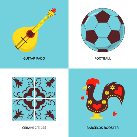 Collection of Portugal icons in flat style. Traditional symbols set including guitar fado, football ball, ceramic tile and Barcelos rooster.のイラスト素材