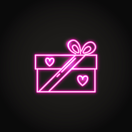 Neon gift box icon in line style. Shining present box with hearts symbols. Vector illustration.のイラスト素材