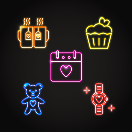 Neon Valentine day icon set in line styleのイラスト素材