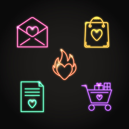 Neon Valentine day icon set in line style. Love symbols collection including romantic letter, shopping bag, heart on fire, marriage contract and shopping cart with presents. Vector illustration.のイラスト素材