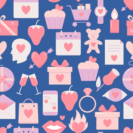 Valentines day seamless pattern with icons in flat style. Love symbols repeating background. Vector illustration.のイラスト素材