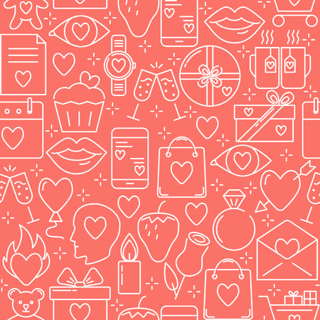 Valentines day romantic seamless pattern with icons in line style. Love symbols repeating background. Vector illustration.のイラスト素材