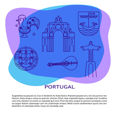 Portugal banner or poster template with icons in line style and place for text. Traditional symbols collection with Christ statue, rua Augusta arch, portuguese emblem, guitar fado, the Barcelos rooster.のイラスト素材
