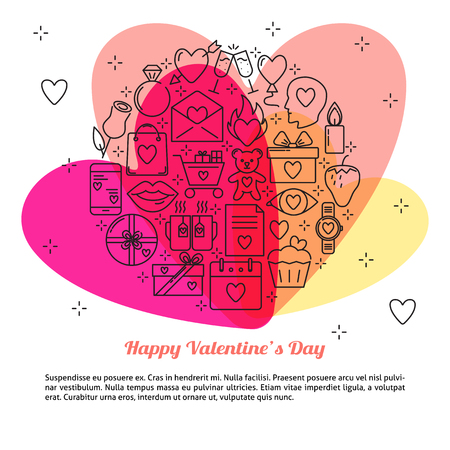 Valentines day concept banner with hearts in line style. Romantic poster template with place for text. Vector illustration.のイラスト素材