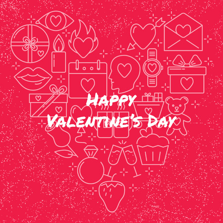 Valentine day concept banner with love icons in line style. Romantic poster template with text. Vector illustration.のイラスト素材