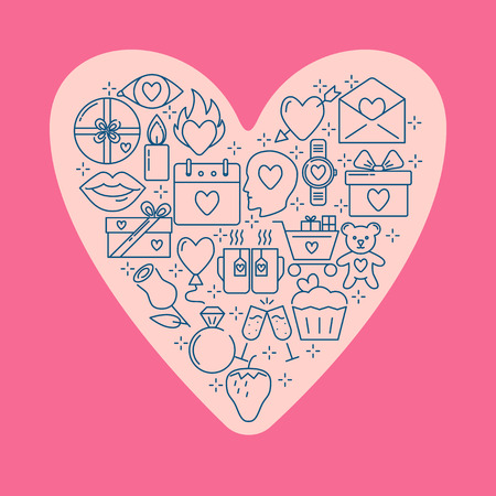 Valentines day concept banner with love icons in line style. Romantic poster template. Vector illustration.のイラスト素材