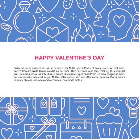 Valentine day concept banner with love icons background in line style. Romantic poster template with place for text. Vector illustration.のイラスト素材