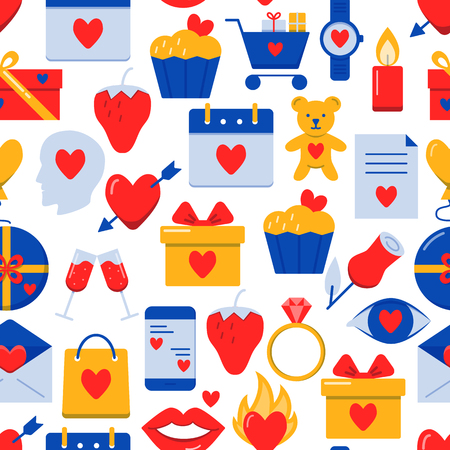 Valentines day seamless pattern with icons in flat style. Love symbols repeating background. Vector illustration.のイラスト素材