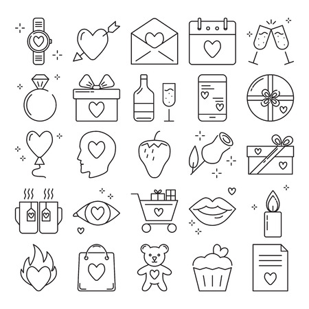 Valentines day icon set in line style. Love symbols collection including arrow through heart, diamond ring, gift boxes, rose and other. Vector illustration.のイラスト素材