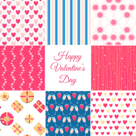 Valentines day seamless patterns collection in flat style. Romantic repeating textures set with hearts, flowers and gift boxes. Vector illustration.のイラスト素材