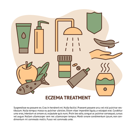 Eczema treatment concept banner with text. Skin therapy symbols set in line style. Medical banner or poster template. Vector illustration.のイラスト素材