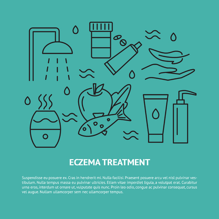 Eczema treatment concept banner with place for text. Skin care symbols set in line style. Medical banner or poster template. Vector illustration.のイラスト素材