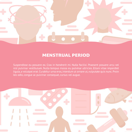 Menstrual period symptoms and treatment banner template in flat style. Menstruation concept background with place for text. Medical vector illustration.のイラスト素材
