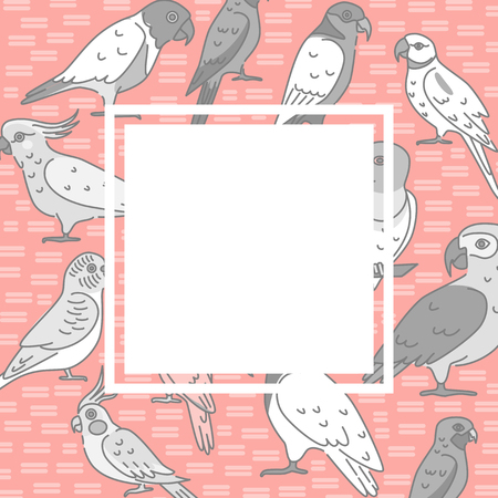 Parrots concept background in line style. Banner template with tropical bird symbols and place for text. Vector illustration.のイラスト素材
