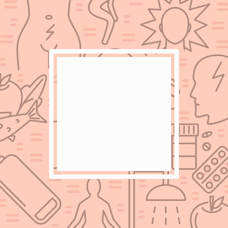 Monthly period symptoms and treatment banner template in line style. Menstruation concept background with place for text. Medical vector illustration.のイラスト素材