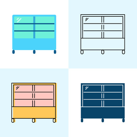 Refrigerated display case icon set in flat and line styles. Professional restaurant equipment symbols. Vector illustration.のイラスト素材