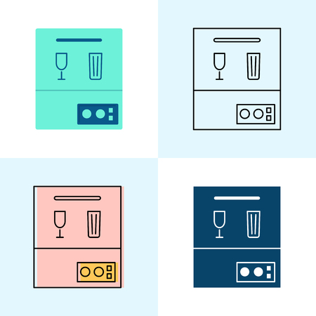 Dishwasher icon set in flat and line styles. Professional restaurant equipment symbols. Vector illustration.のイラスト素材
