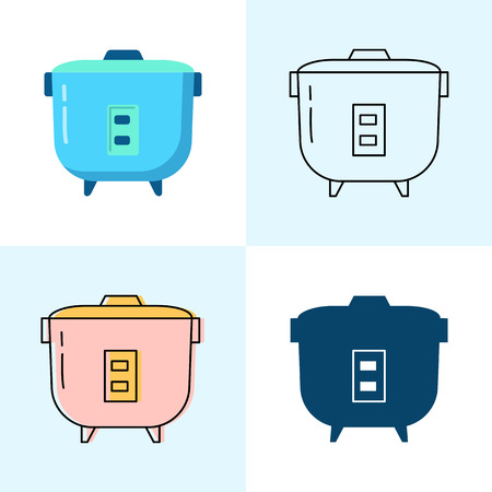 Rice cooker icon set in flat and line styles. Professional restaurant equipment symbols. Vector illustration.のイラスト素材