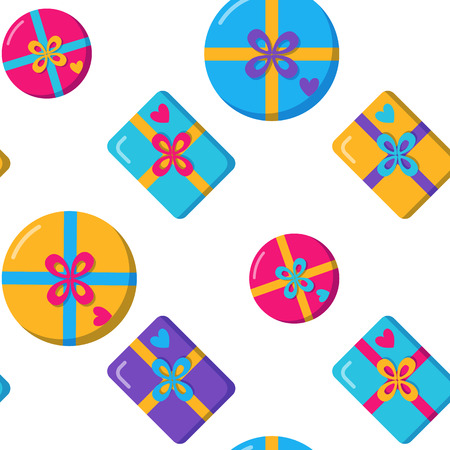 Seamless pattern with gift boxes in flat style. Bright repeating texture with present symbols. Holiday vector illustration.のイラスト素材
